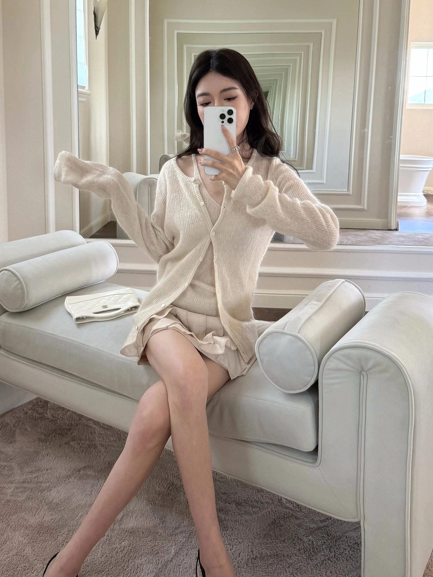 

Slim Fit Women's Knitted Cardigan Set SMOL "Cloudy Vanilla" Long Sve round Ne Two-Piece Suit Casual Commute Sle Wool B...