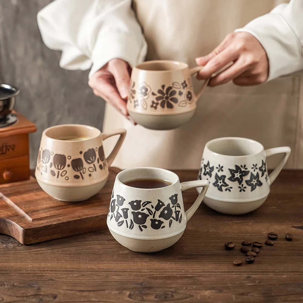 Stoneware Coffee Mug Floral Pattern Ceramic Cup Creative Design Mugs Retro Style Drinkware Home Dining Tableware Use