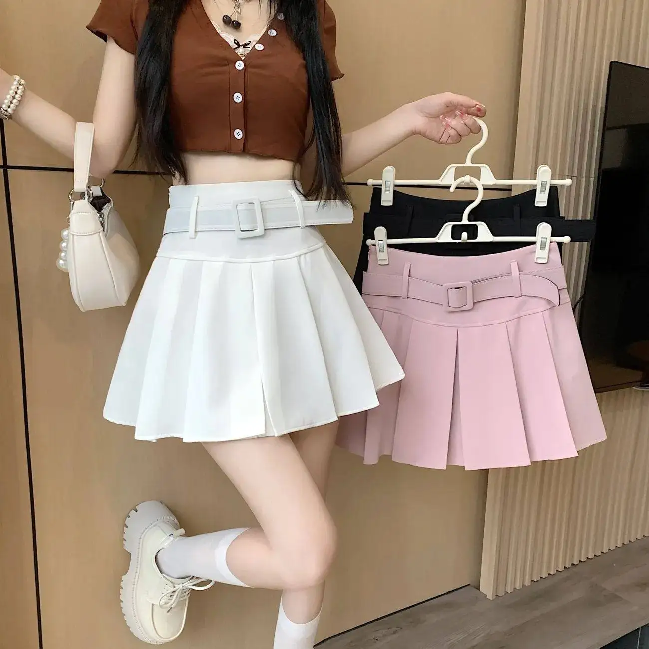 Femmes rose a-ligne Mini jupe Vintage années 2000 Y2k Gyaru jupe plissée Harajuku Style coréen jupes avec ceinture vêtements printemps été