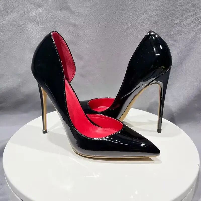 Heelgoo Black Patent Women Pointy Toe Side Cut High Heel Shoes for Party Sexy Ladies Evening Dress Stiletto Pumps 12cm 10cm 8cm