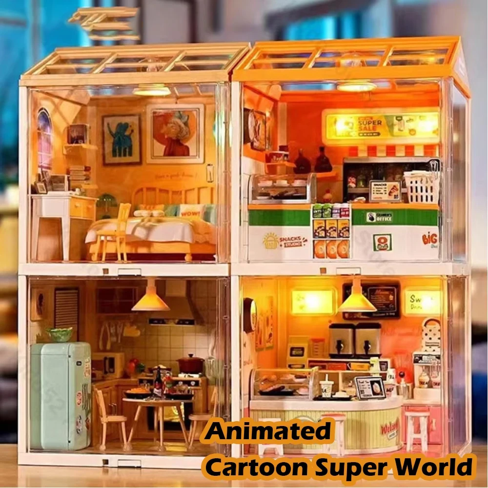 

DIY Animated Cartoon Super World Children's Handicraft House Lighting Building Blocks Scene Assembly Miniature House Toys Gifts