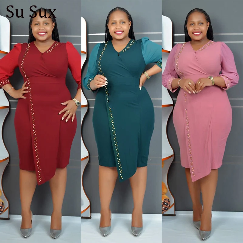 

Beading Pencil Dress African Dresses For Women 2024 Office Lady Africa Clothing V Neck Mesh Patchwork Sleeve Short Dress Robe