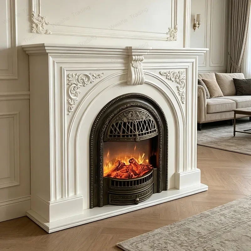French vintage fireplace cabinet simulated fire heating solid wood entryway cabinet American living room carved fireplace