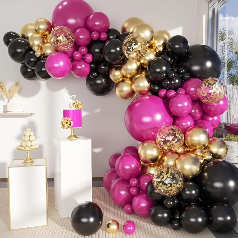 

Черный, красный и золотой комплект арки воздушных шаров, 141 шт., матовые, черные, ярко-розовые, золотые, металлические, золотые, конфетти, воздушные шары для дня рождения, свадьбы, баше