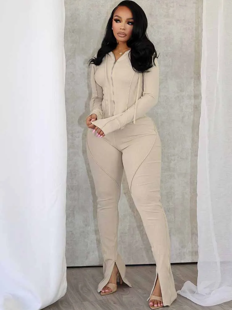 

MCDV Sporty Stretch Women Tracksuit 2 Piece Set Long Sleeve Hooded Zip Jacket Skinny Pants Matching Casual Autumn Street Outfits