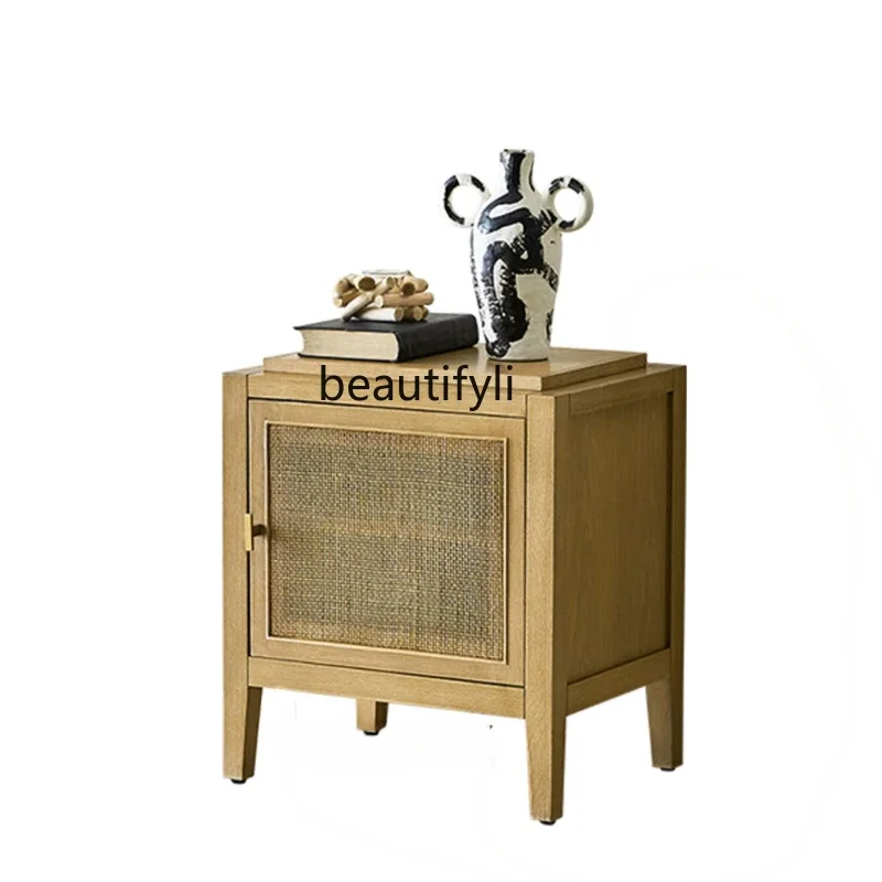 

Liji Style Rattan Woven Solid Wood Bedside Cabinet Nordic Mini Cabinet Bedroom Light Luxury Bedside Cabinet Storage Cabinet
