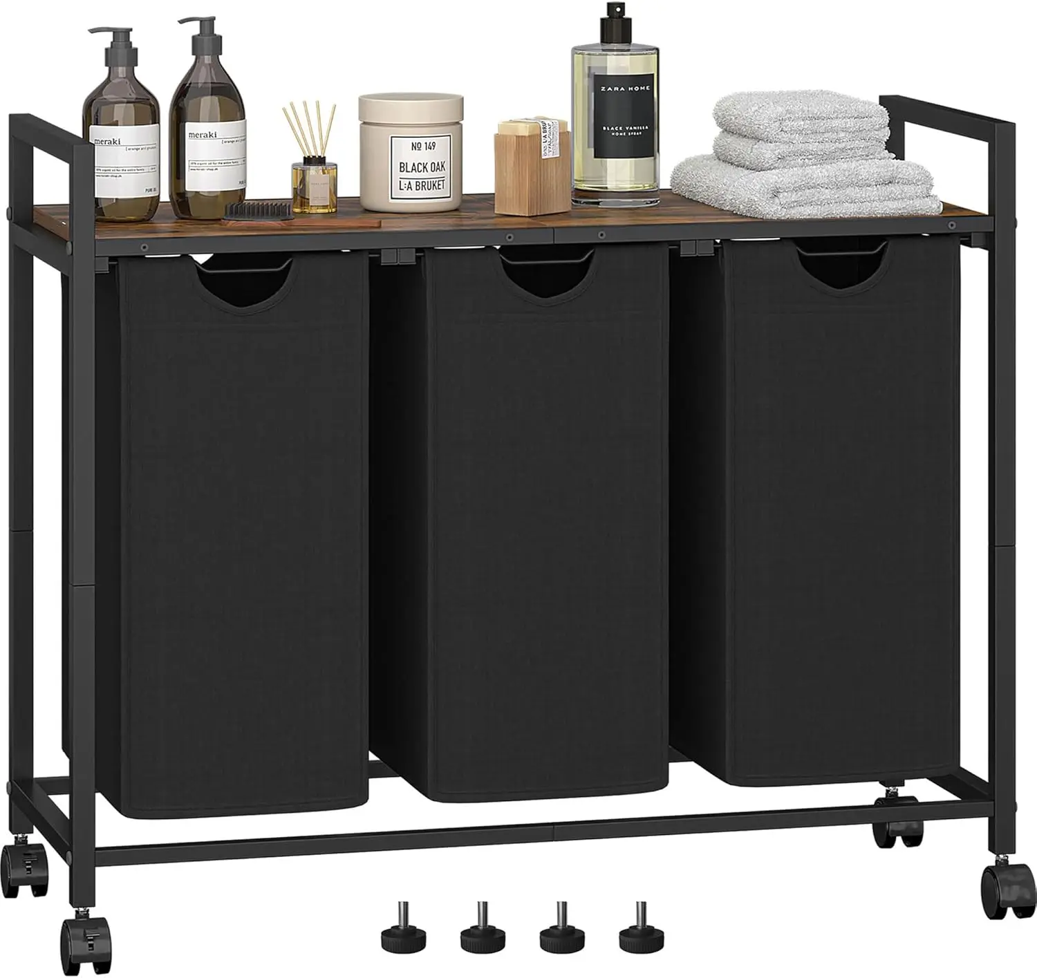 

Набор из 3-х контейнеров для сортировки белья с выдвижными вкладышами, полкой и колесиками для хранения в ванной или спальне, цвет: рустик-коричневый