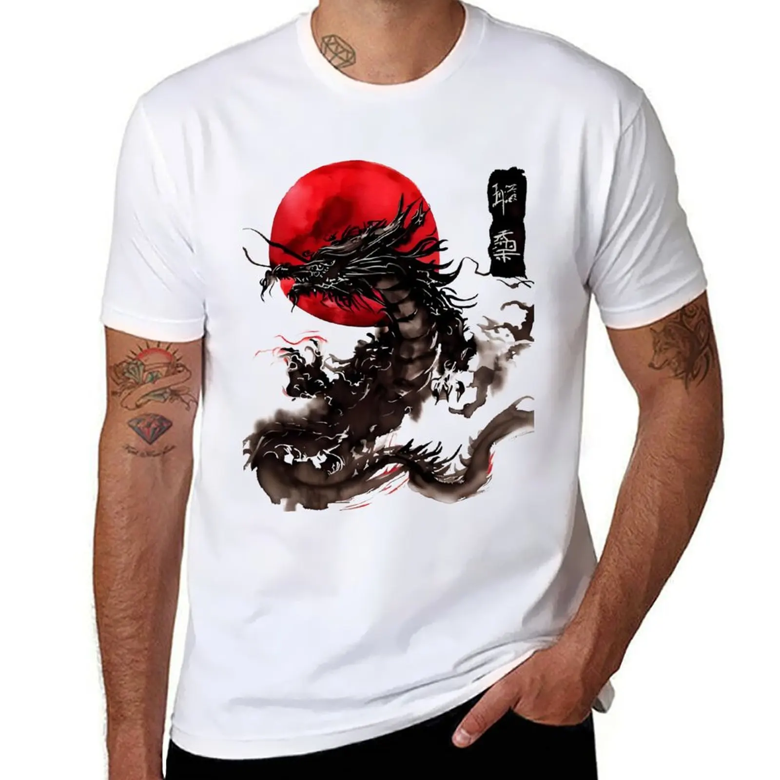 

Shadow Dragon of the sun with ink japanese T-Shirt printed t shirts for man cotton t shirts man 100% cotton tshirt 100% T-shirt