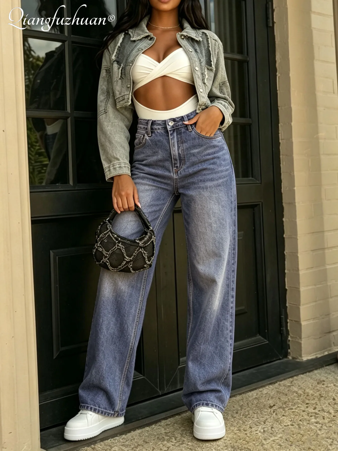 High-waisted washed straight pants for women, smooth and comfortable in feel. Perfect for commuting, working or casual wear, and