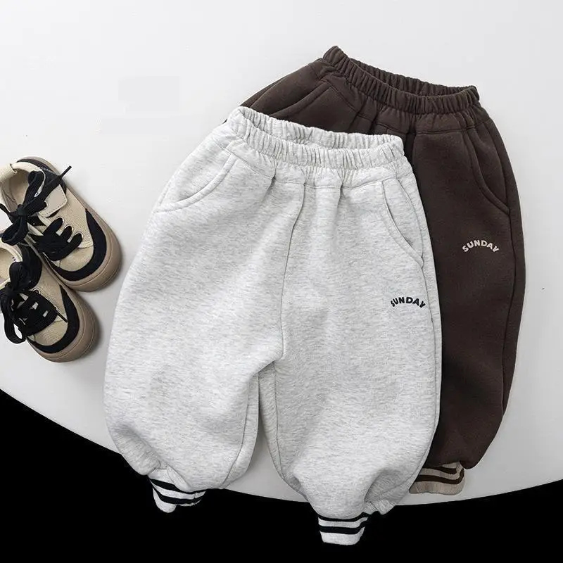

2025 Winter New Children Casual Pants Baby Fleece Sweatpants Cotton Boys Girls Plus Velvet Thick Trousers Kids Warm Clothes