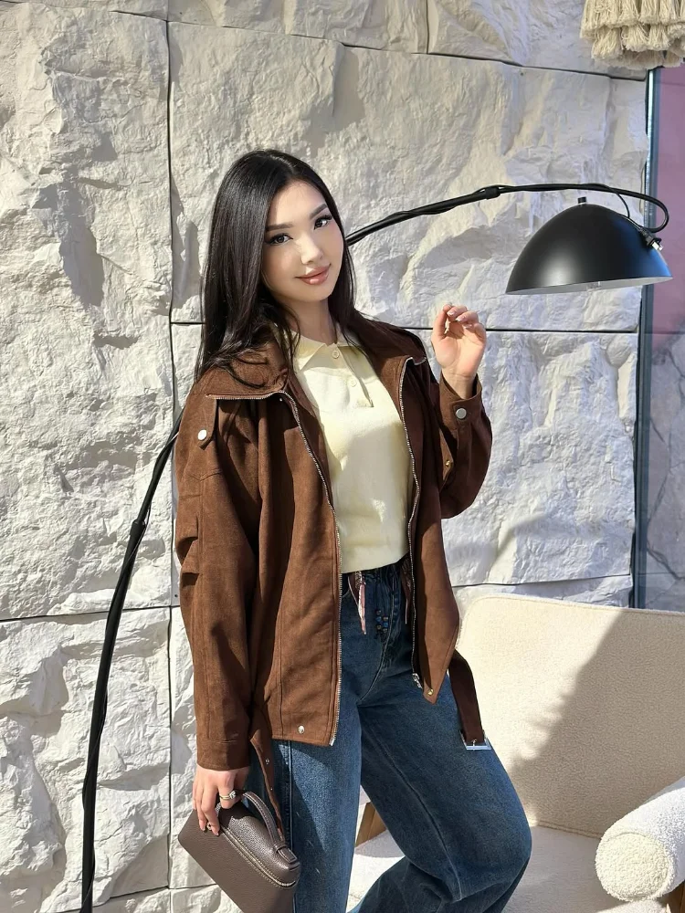Lässige Kaffeebraune Kurze Jacke für Damen, Schicke Einfarbige Langarm-Jacke mit Reißverschluss und Taschen, Locker Geschnittene Cropped-Jacke 2026, Damen-Pendler-Streetwear-Mantel