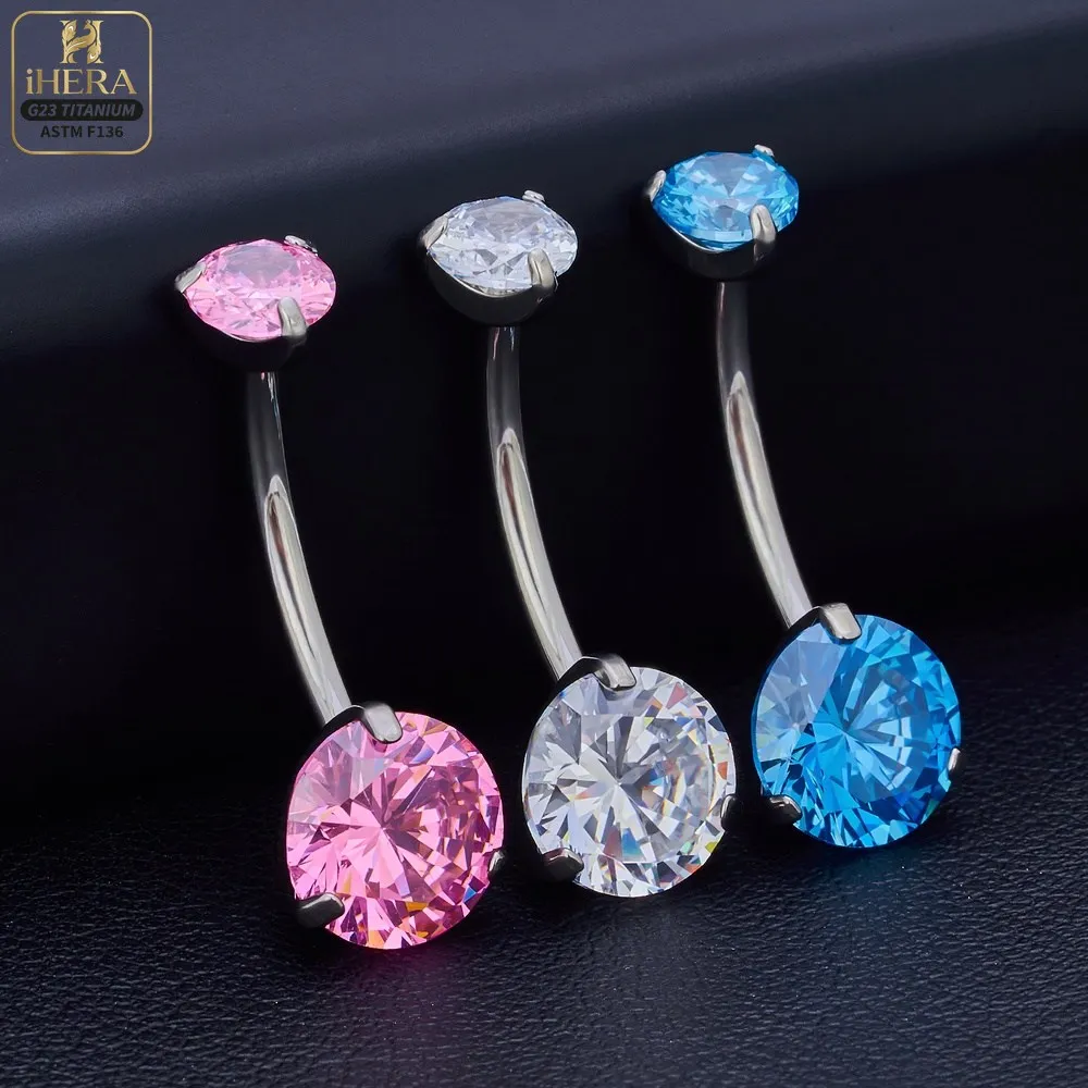 G23 Titanium Internally Threaded Curved Barbell Navel Belly Button Ring Sparkling Cubic Zirconia Body Jewelry Bulk Double Round