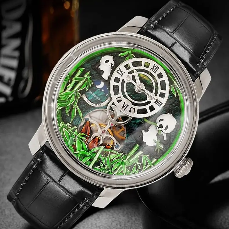 HANBORO Men Automatic Watch Fashion 46mm Mechanical Wristwatch Luminous Bubble Mirror Panda & Bamboo Dial