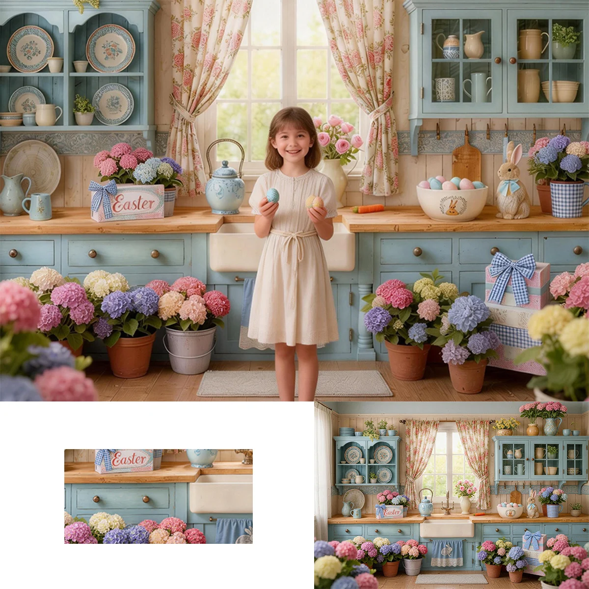 Vintage Easter Kitchen Photography Backdrop with Pastel Cabinets Floral Decor and Bunny Accents for Spring Backgrounds