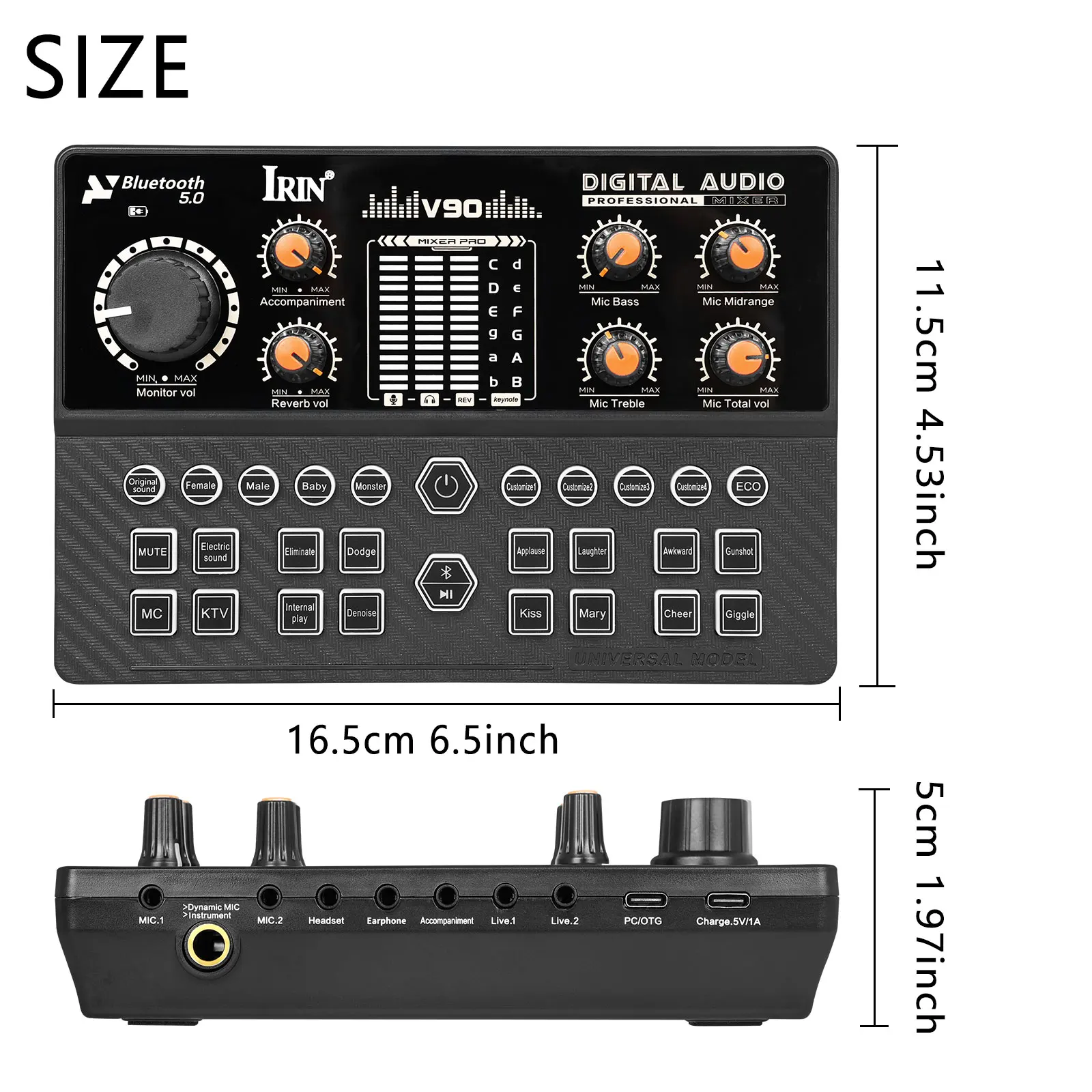 IRIN V90 Sound Card Voice Changer – Control Live Streaming Karaoke Recording Built‑in 3‑Band EQ Reverb with PC Mac iOS Android