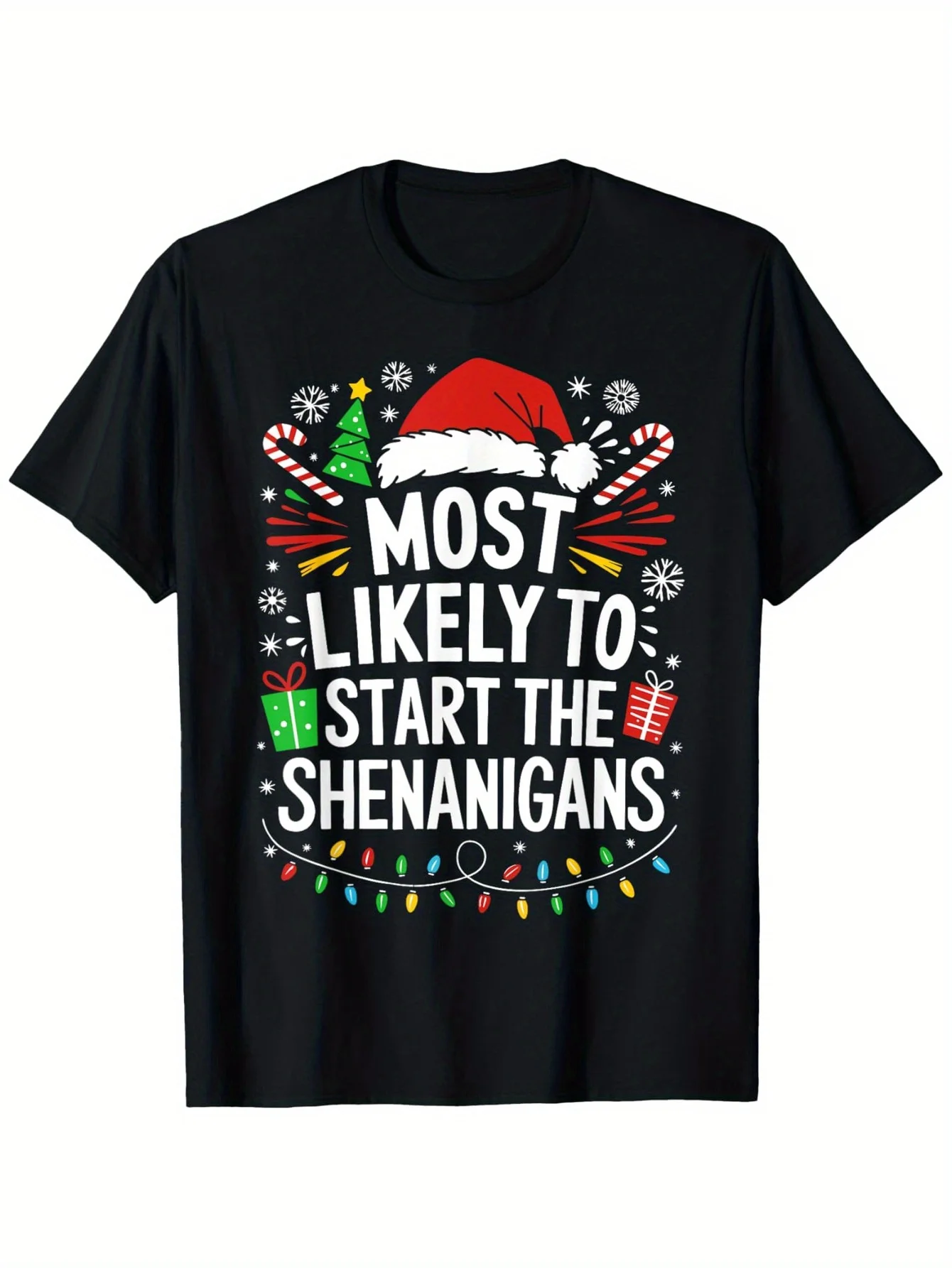 [Family Gatherings] Most Likely to Start the Shenanigans Family Christmas T-Shirt - Festive Holiday Design with Santa Hats