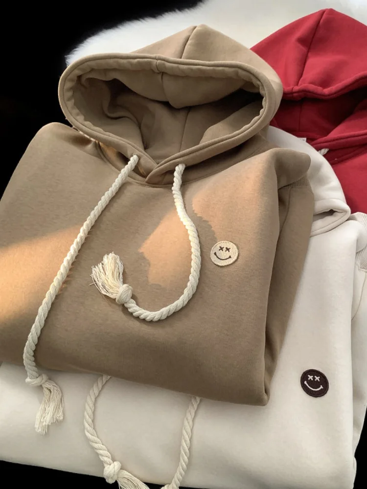 

American Sle Fce Lined Thiened Hoodie Men's Winter Casual Smile Embroidery Label Youth Loose Fit Sweatirt