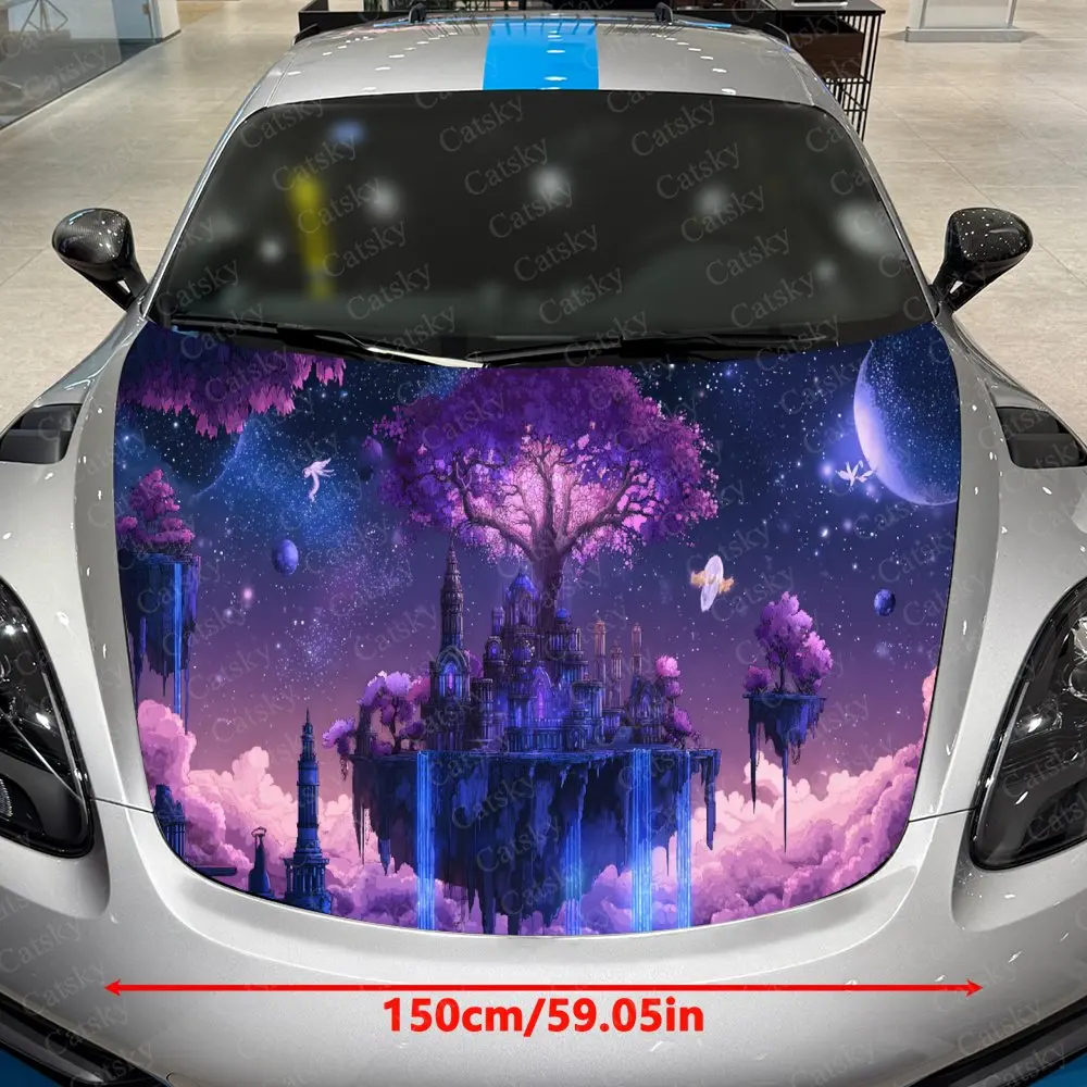 Starry Sky Purple Tree Floating Castle Car Vinyl Wrap, PVC Waterproof Car Hood Sticker, Self-Adhesive Scratch-Resistant Stickers
