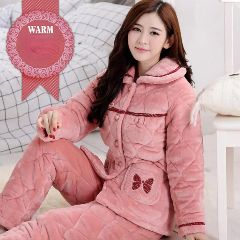 2023 New Winter Coral Fleece Pajamas Women Thickened Fleece Loungewear Warm Triple Layer Sleepwear Flannel Cotton Loungewear Set