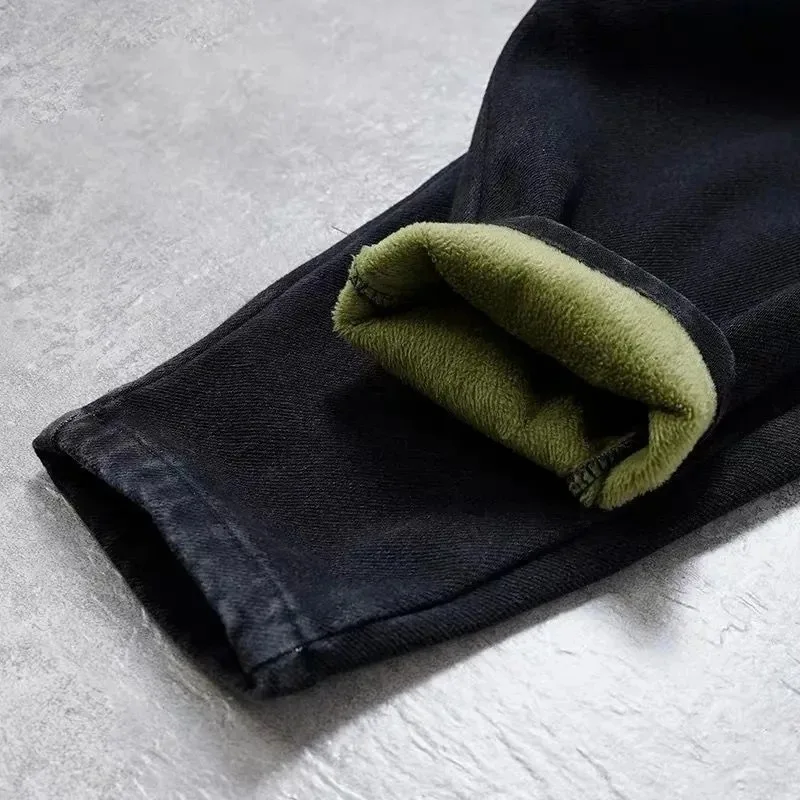 Women New Winter Elastic High Waist Harem Vaqueros Bleached Embroidery Fleece Denim Pants Plus Velvet Baggy Vintage Warm Jeans