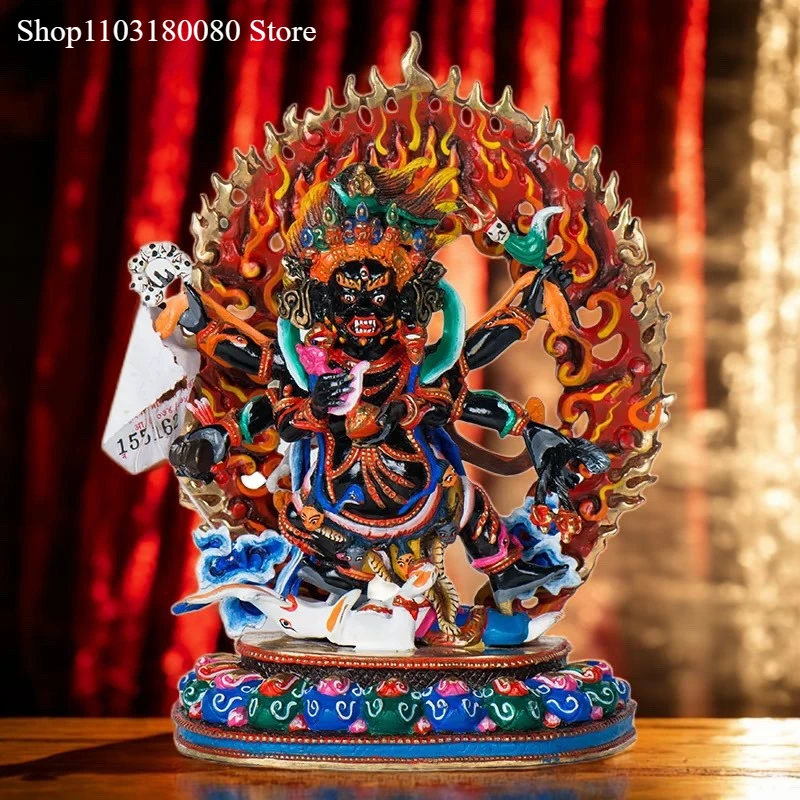 21cm Nepal Hand painting Copper Six-arms Mahakala Buddha statue sculpture