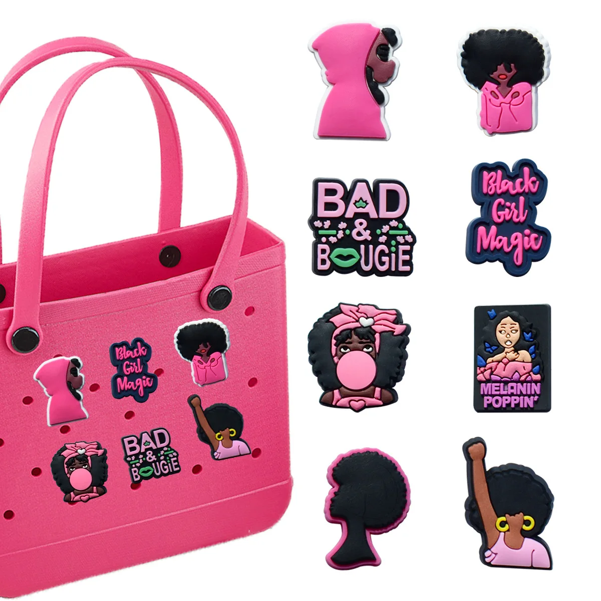 

16Pcs Hip Hop Style Bag Decoration Charms Colorful Pink Rapper Cartoon Pattern Women fit Travel Beach Tote Bag Accessories