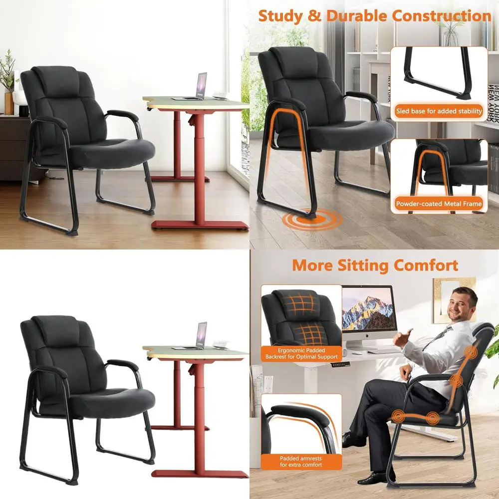 

Прочное кожаное кресло для гостей, нагрузка до 227 кг, на лыжевидной базе, с подлокотниками, без колес, идеально подходит для офиса, конференц-залов, залов ожидания, B