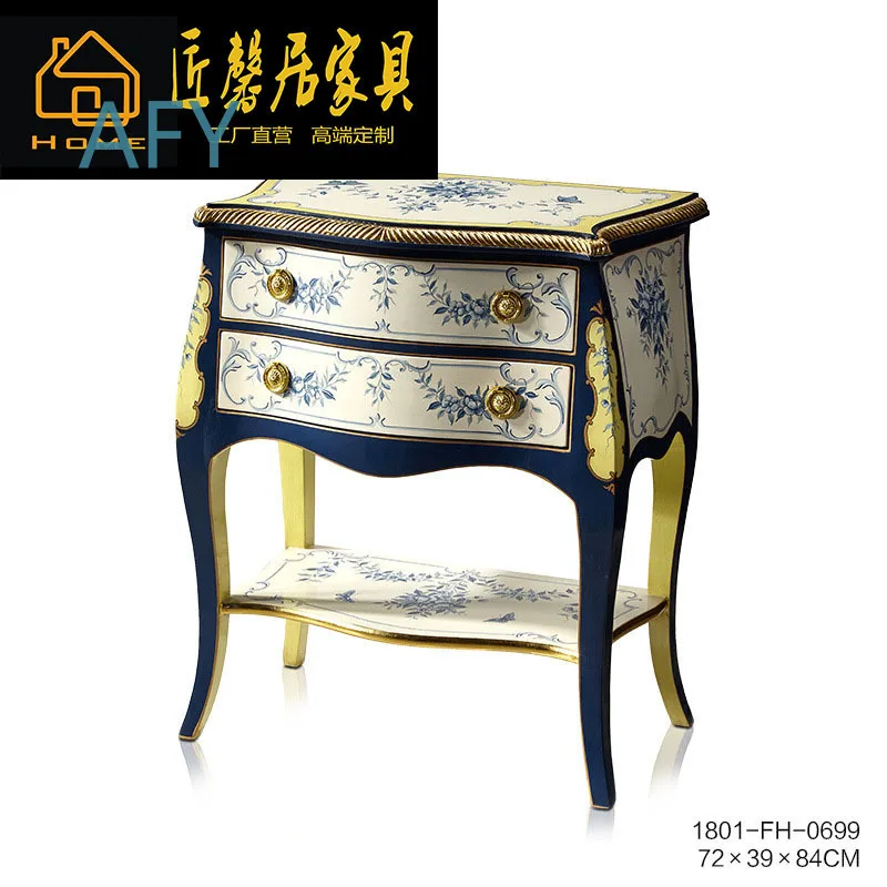 French Style Chinese Art Wooden Side Table with Gold Leaf Accents Hand Painted Blue and White Floral Pattern for Sofa Living