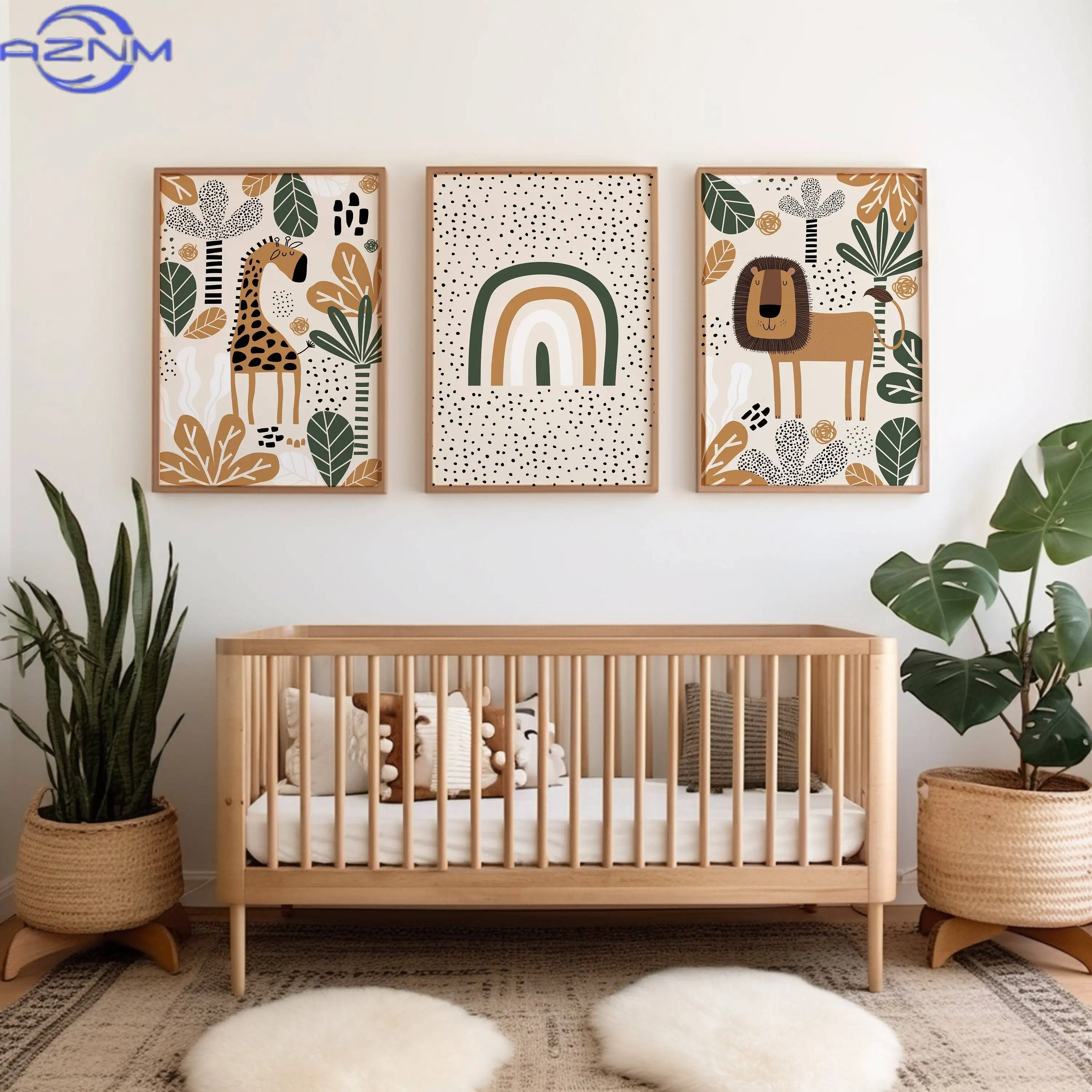 3pcs Set of Bohemian Style Wall Art Featuring Jungle Animals, Including Lion And Giraffe Prints. These Unframed Canvas Posters