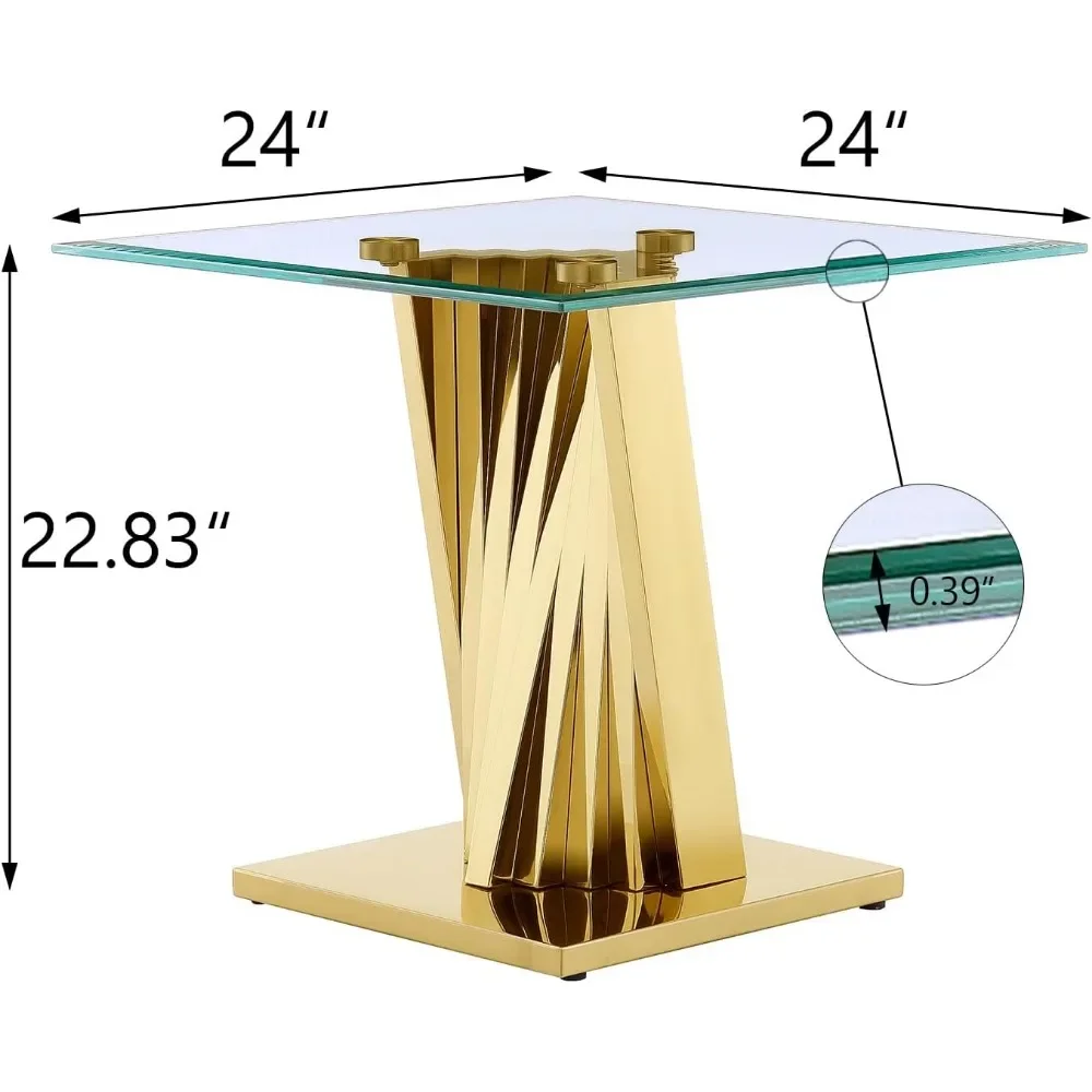 골드 모던 스퀘어 엔드 테이블, 24 인치 유리 탑 및 광택 금속 베이스, 거실, 복도, 코너