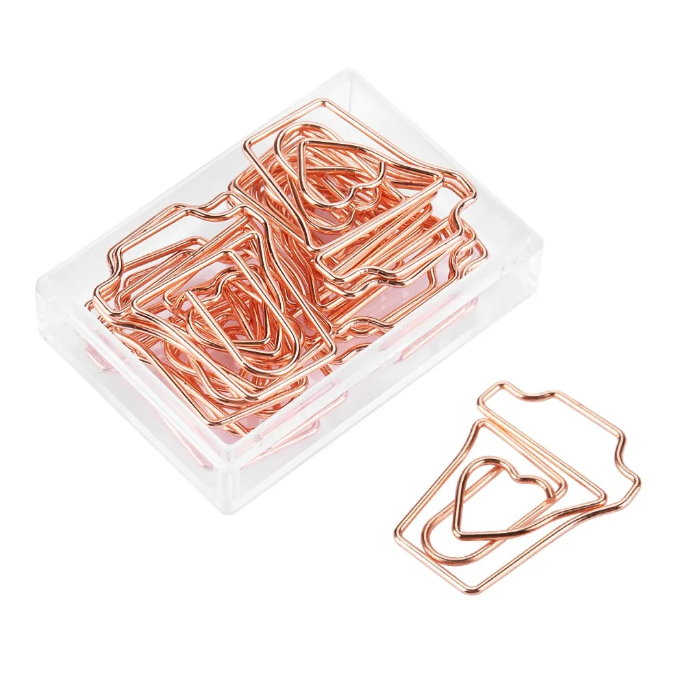 12pcs Clips Box Rose Gold Paper Clips Coffee Cup Metal Electroplating Metal Paperclips Funny Planner Clip Wedding Decoration