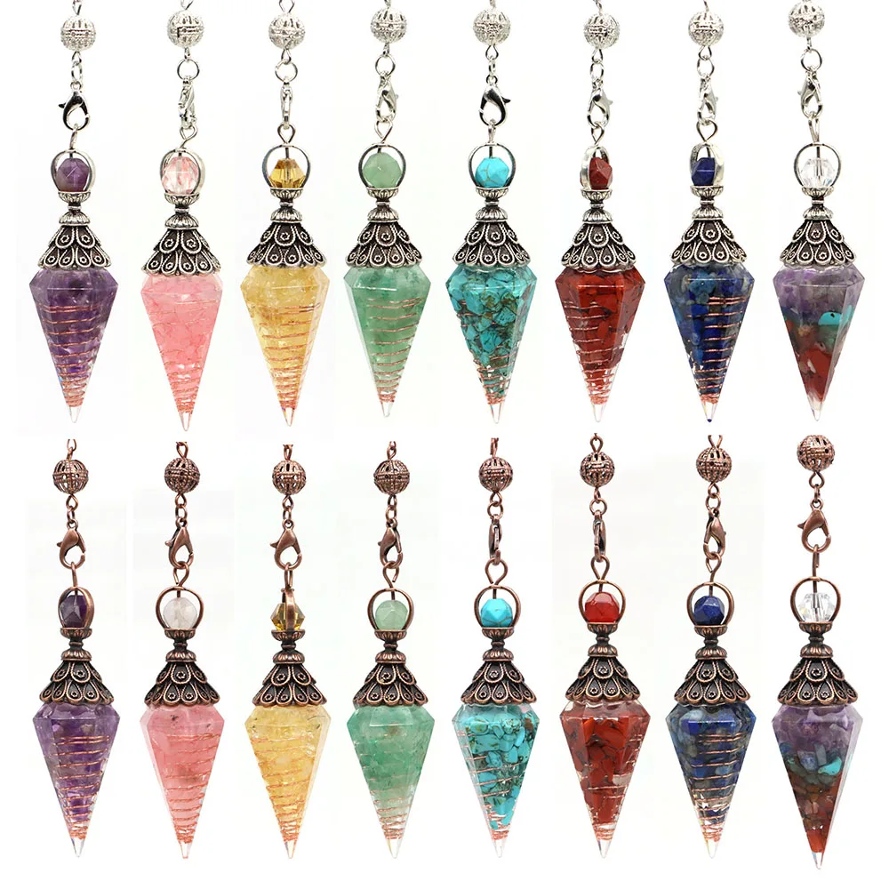 

7 Chakra Crystal Dowsing Pendulum Reiki Healing Hexagonal Gemstone Pointed Cone Pendant Pendulous for Divination Wicca Balancing