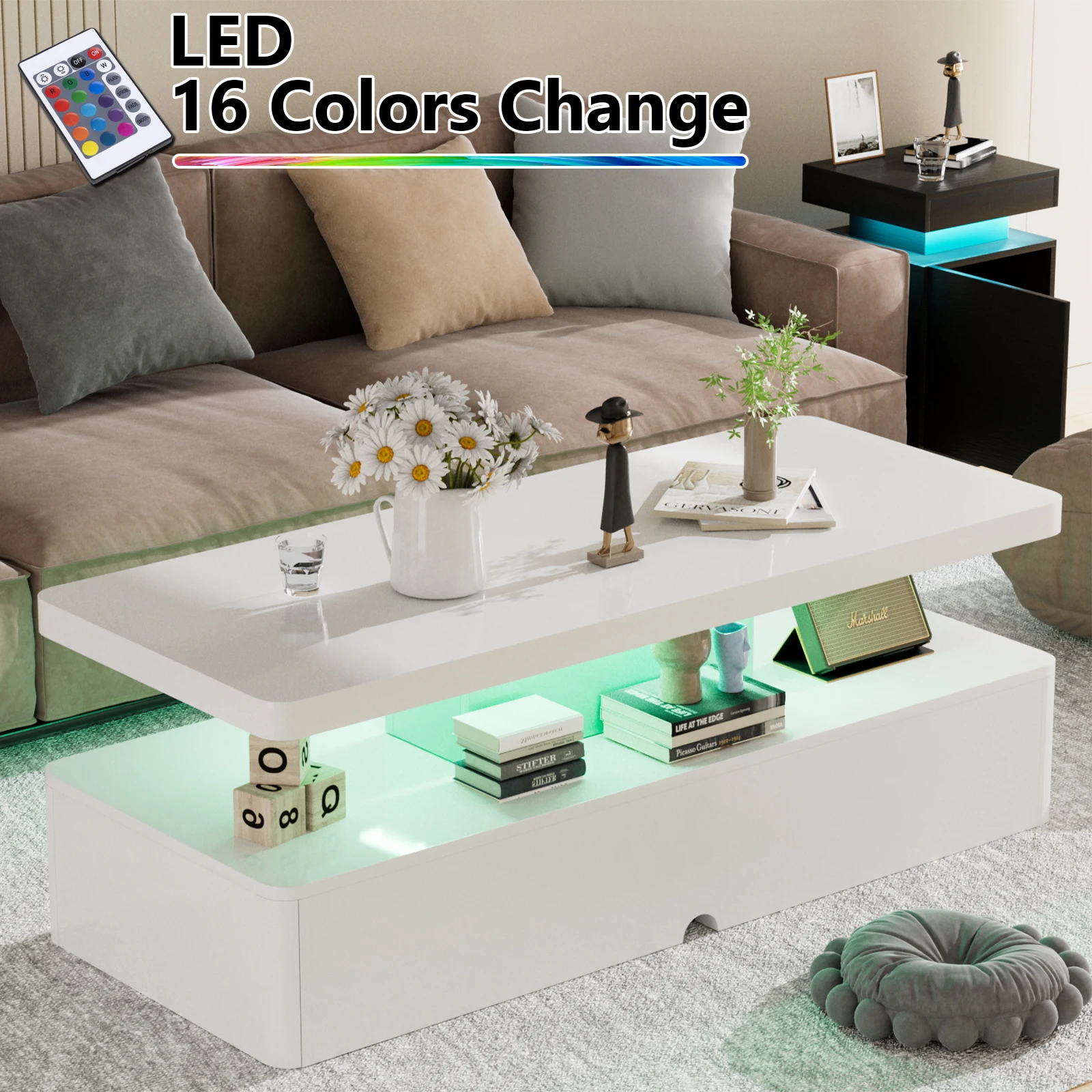 Modern Stylish Coffee Table with 16 Colors LED Lights, Double-Layer Design for Living Room, White