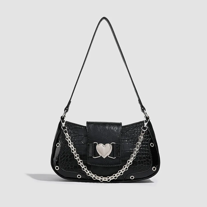 New Women's Bag Sweet Cool Heart Metal Rivet Decoration Portable Shoulder Bag Snake Skin Pattern Gothic Punk Style Handbag