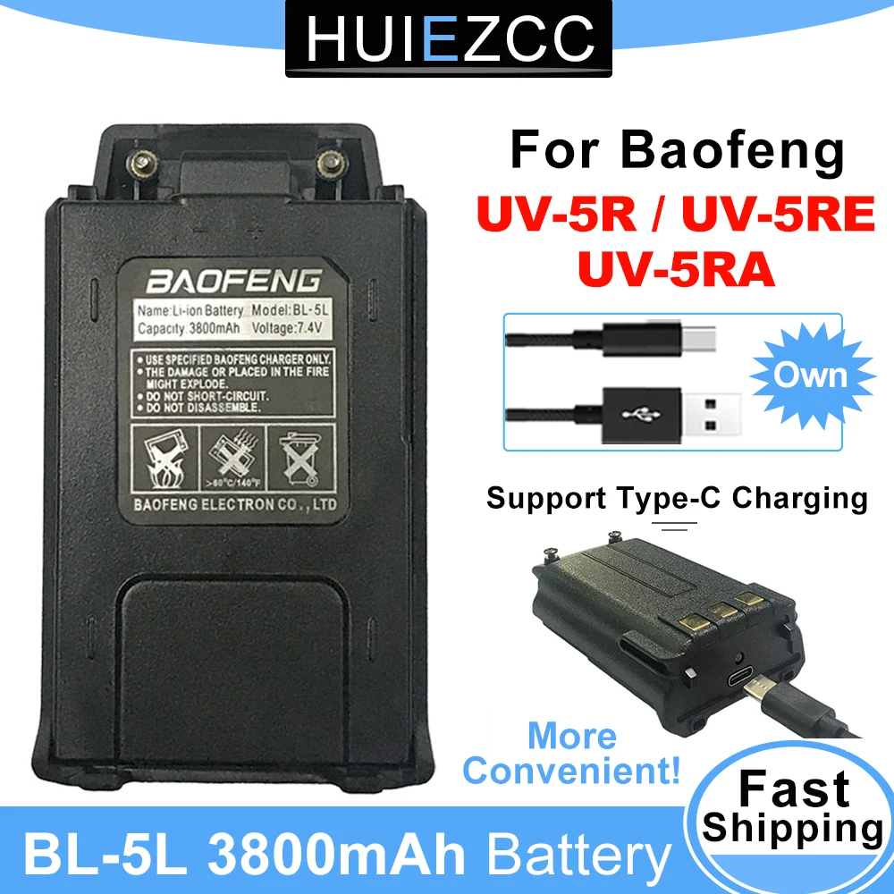 3800mAh For Baofeng UV-5R Original Battery Type-C Charge BL-5L 7.4V Accessories For Walkie Talkie UV5R UV-5RE DM-5R Plus BF-F8