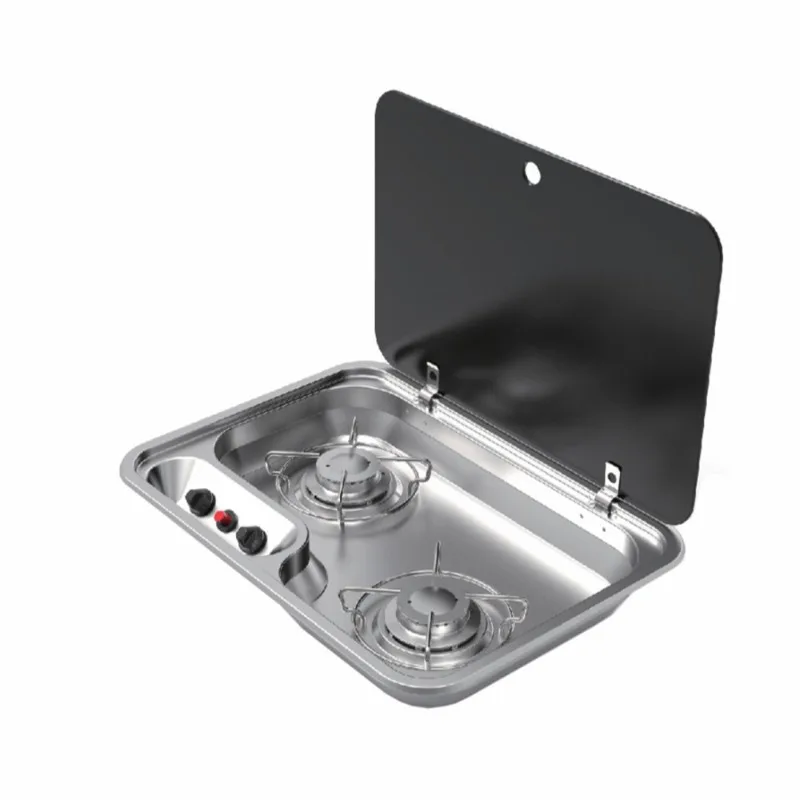 Stainless steel double burner gas cooktop with tempered glass cover for RV yacht