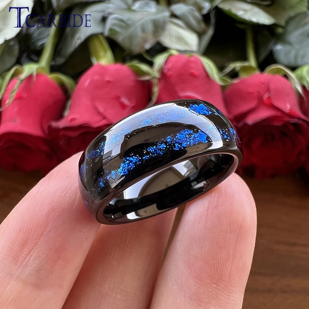 Dropshipping 6mm 8mm Blue Meteorite Ring Tungsten Wedding Band For Men Women Fashion Jewelry Domed Polished Comfort Fit