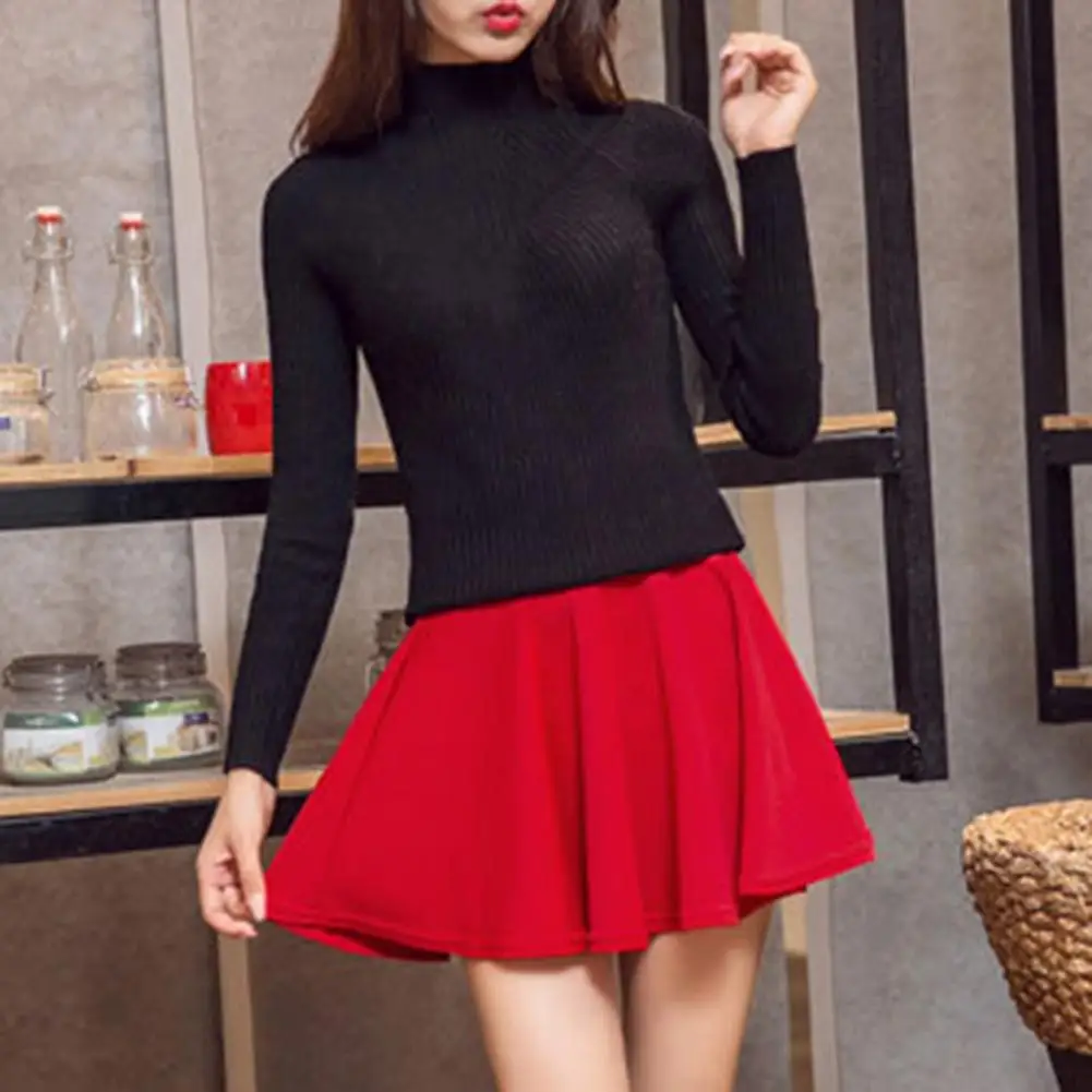 Soft Material Mini Skirt Flared High Waist Skater Skirt with Pleats Stretchy Party Wear for Women Solid Color Anti-exposure Mini