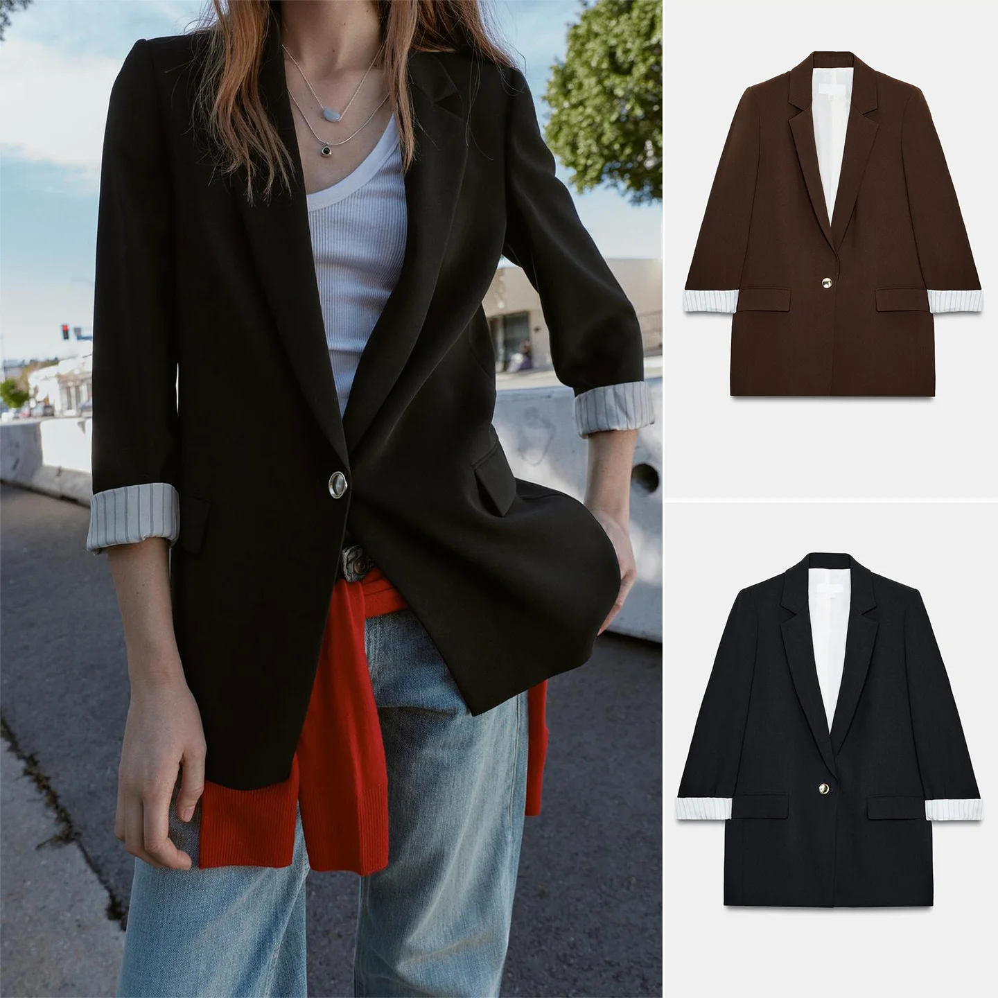 Spring New Women's Commuter Style Long Sleeve Printed Cuff Suit Jacket Shoulder Pad Flip Collar Button up Loose Fit Polyester