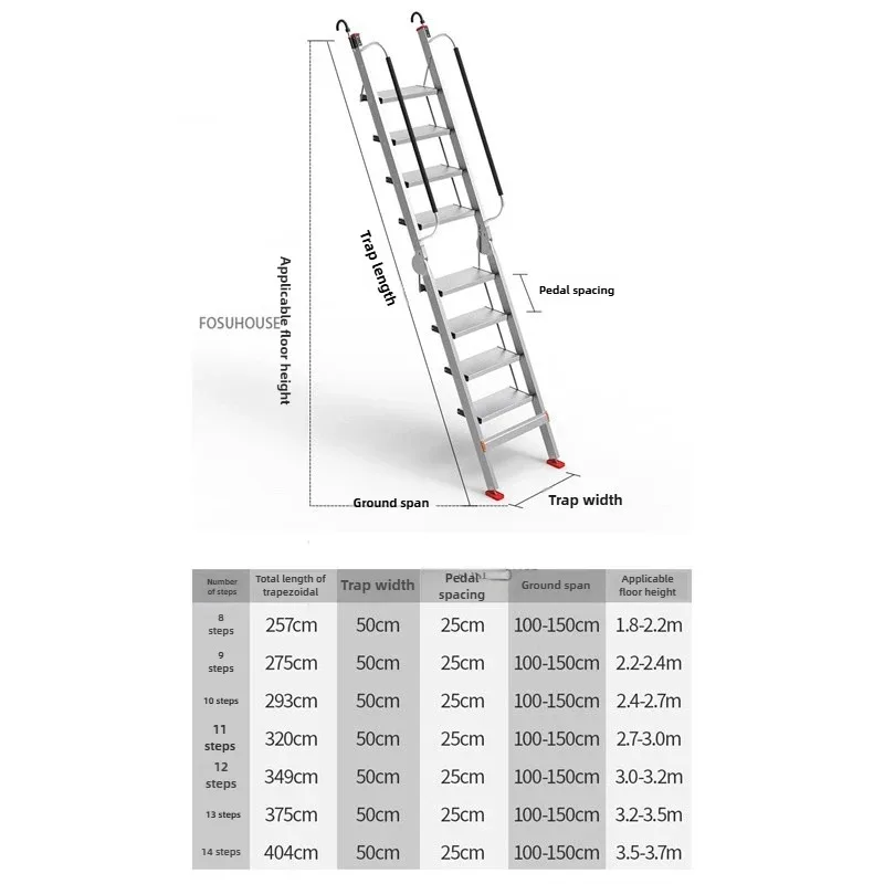 Échelle télescopique à chevrons pour Loft, échelle pliante en alliage d'aluminium pour la maison, main courante d'escalade intérieure multifonctionnelle