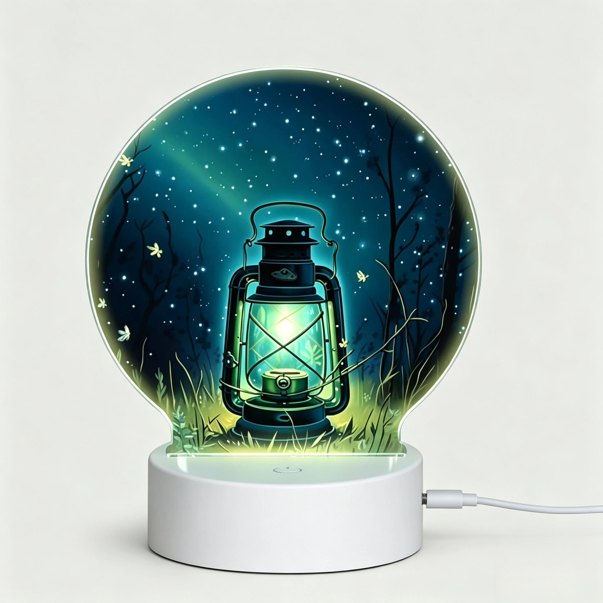 Vintage Lantern Starry Night Forest Round Acrylic Night Light, LED Bedside Lamp Fantasy Home Decor Gift