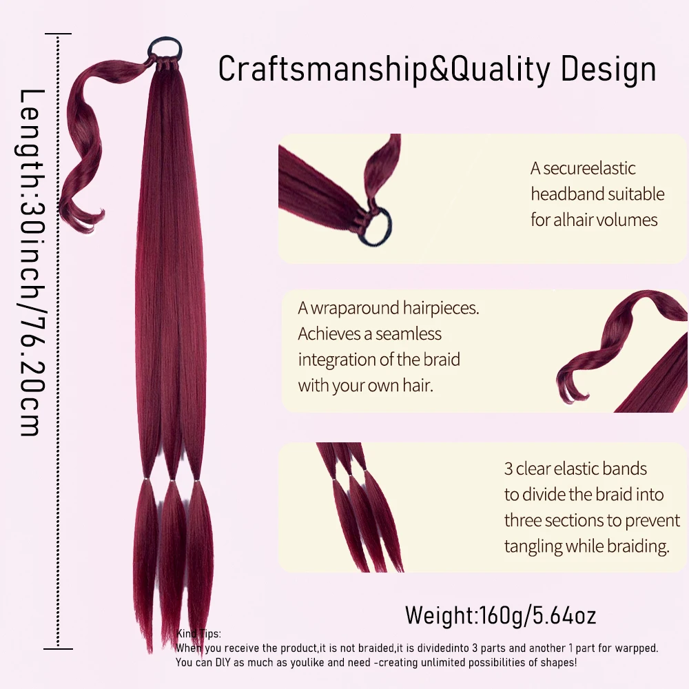 BUG DIY Braiding Hair Ponytail Extensions, 30‘’High Temperature Synthetic Wrap Around Ponytail Hairpieces with Elastic Tie