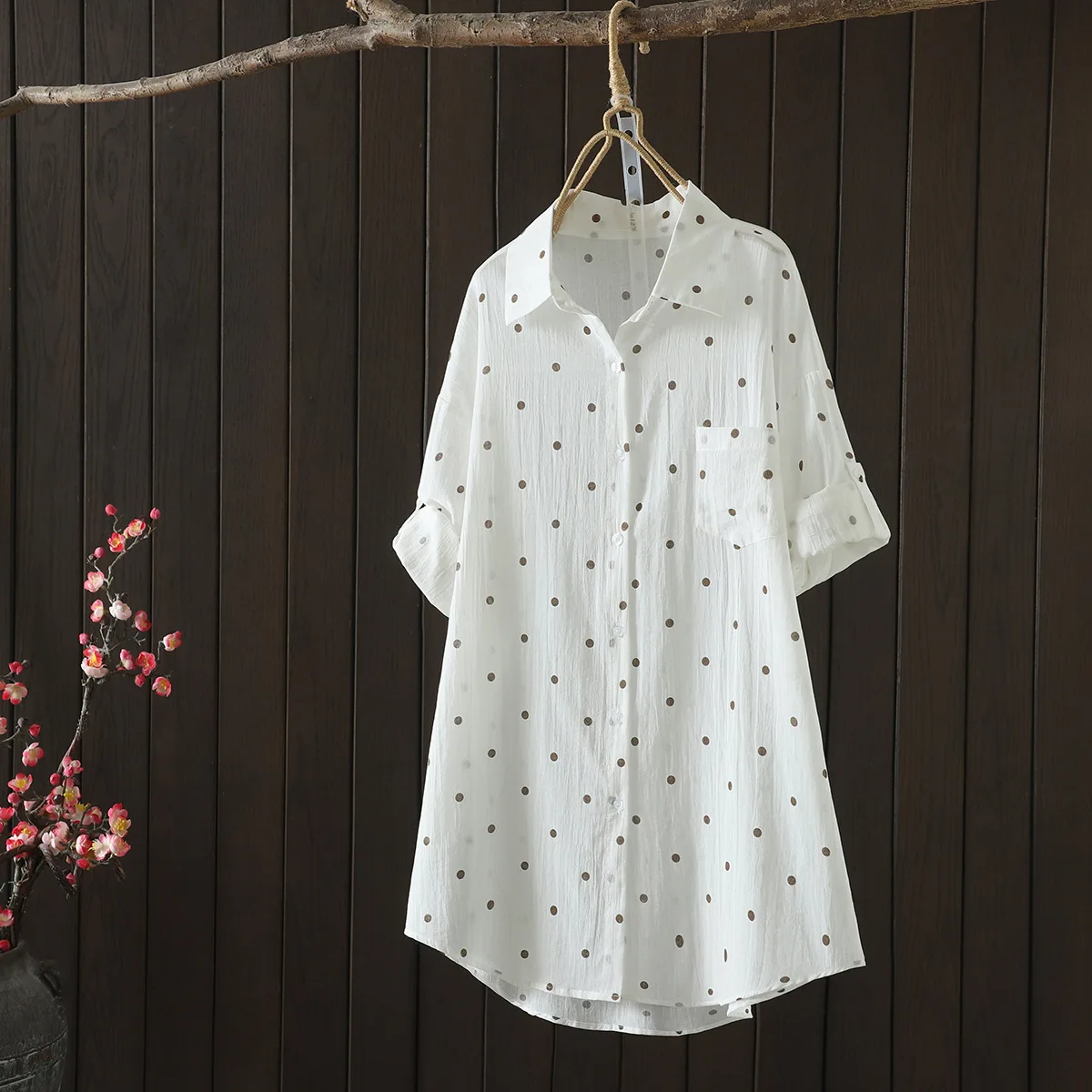 New Spring Cotton Dot Printed Shirt Women Lapel Long Sleeve Fashion Top Girl Loose Casual Commute Blouses 2024 Autumn T44069QC