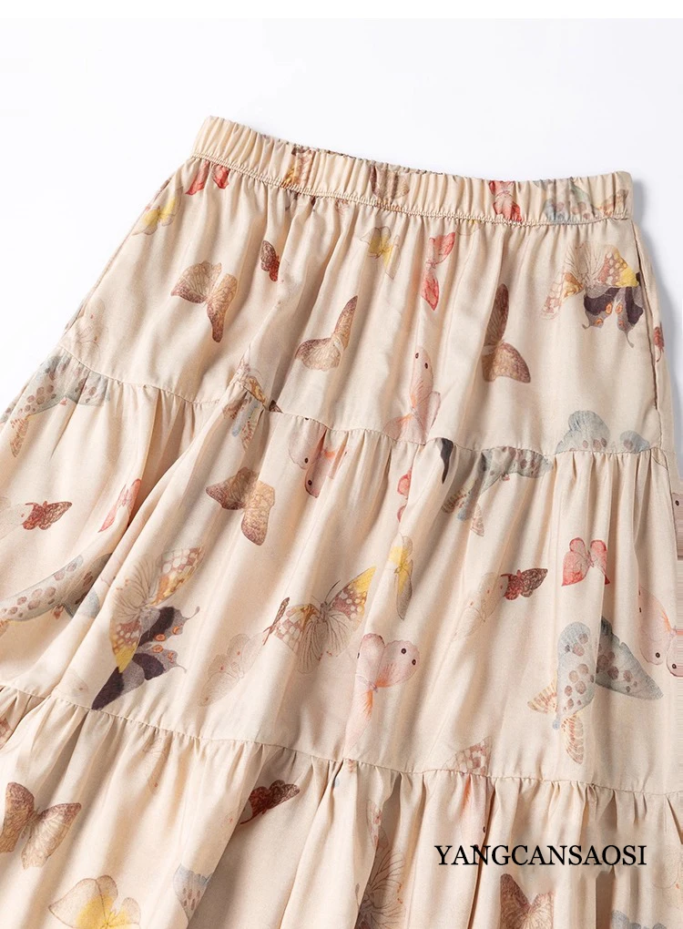 2.7-meter Large Hem 70% Natural Mulberry Silk 30% Cotton A-line Women's Casual Elastic Waist Printed Beach Skirt