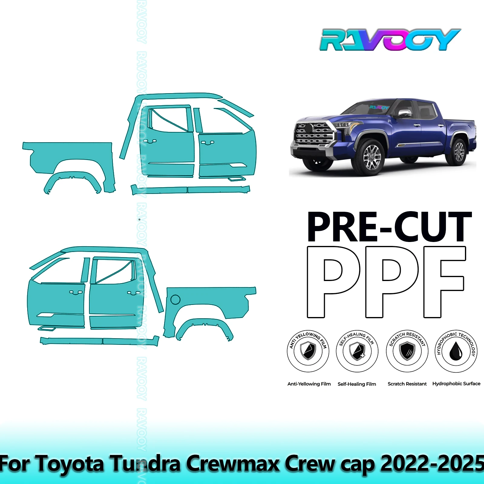 

For Toyota Tundra Crewmax Crew cap 2022-2025 8.5mil Clear Matte Pre-Cut PPF Door & A/B Pillar Kit TPU Paint Protection Film Set