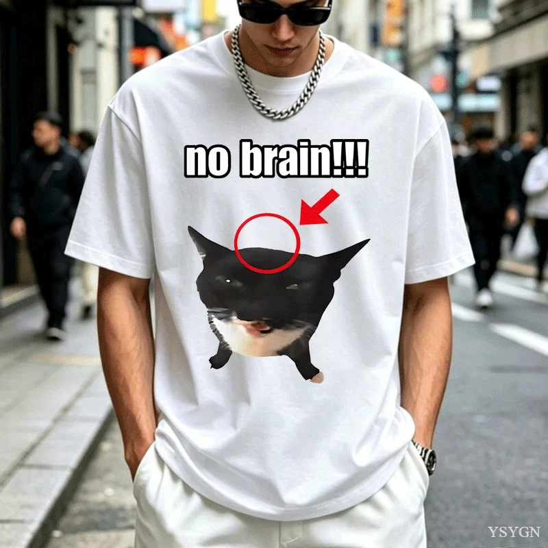 Funny Cat No Brain Graphic Print T Shirts Men Women Joke Humor Cute Kawaii Meme T-shirts Women Casual Tees Short Sleeve Tops