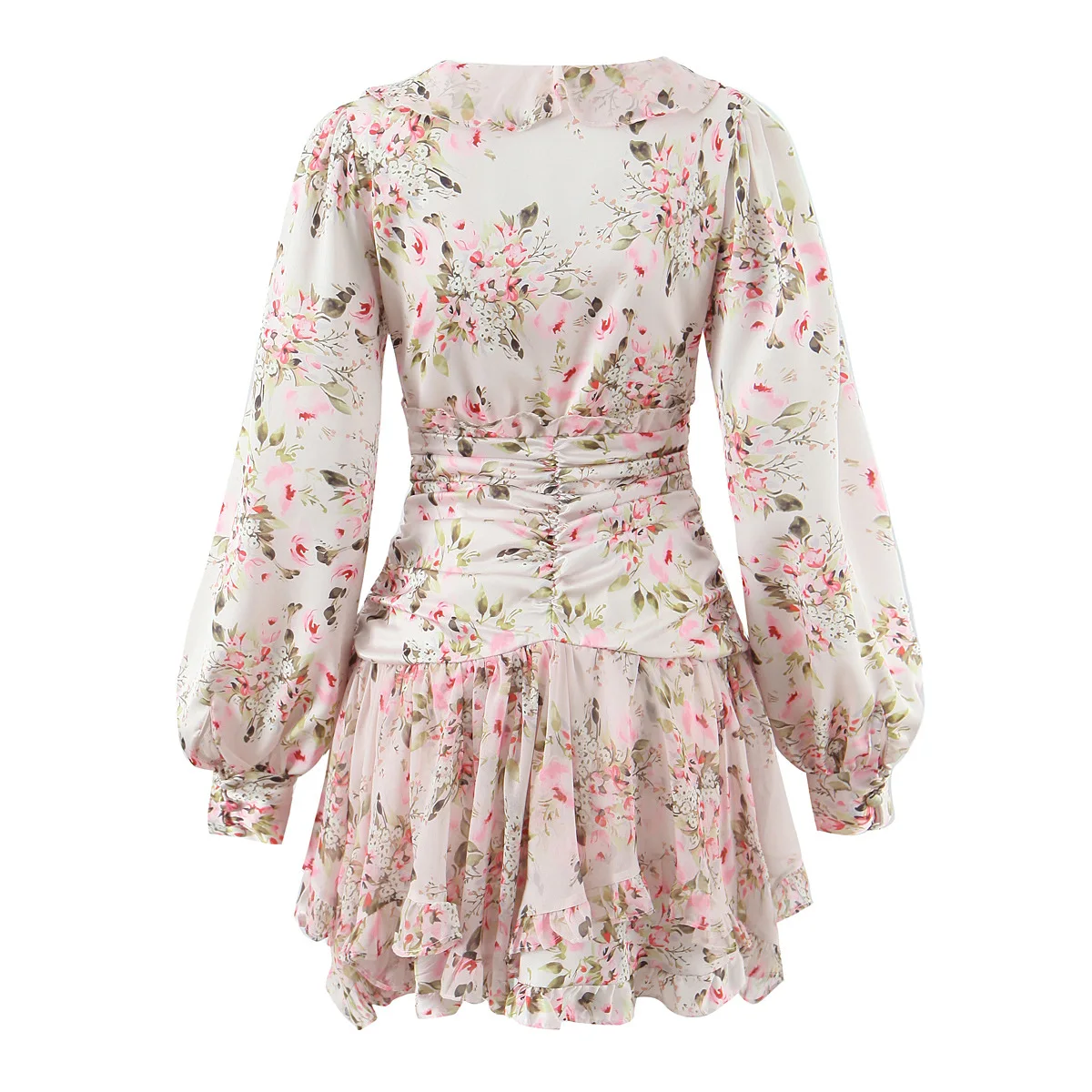 Suninheart European and American women's clothing floral lotus leaf trim pleated waist V-neck long-sleeved dress