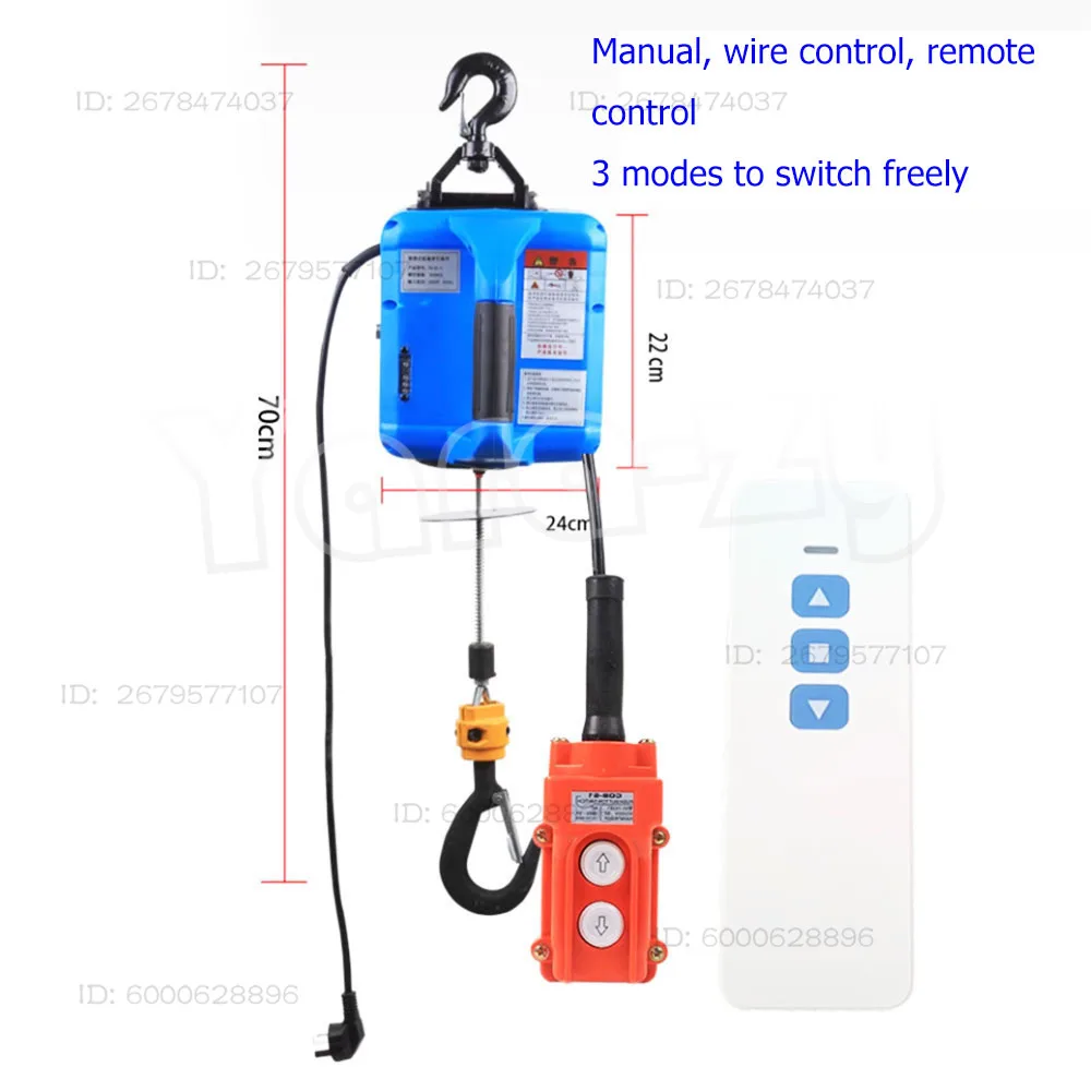 3in1 Portable Electric Hoist 220V Wireless Remote Control Winch Crane Machine Hook Pulley System 500kg Capacity with Gloves