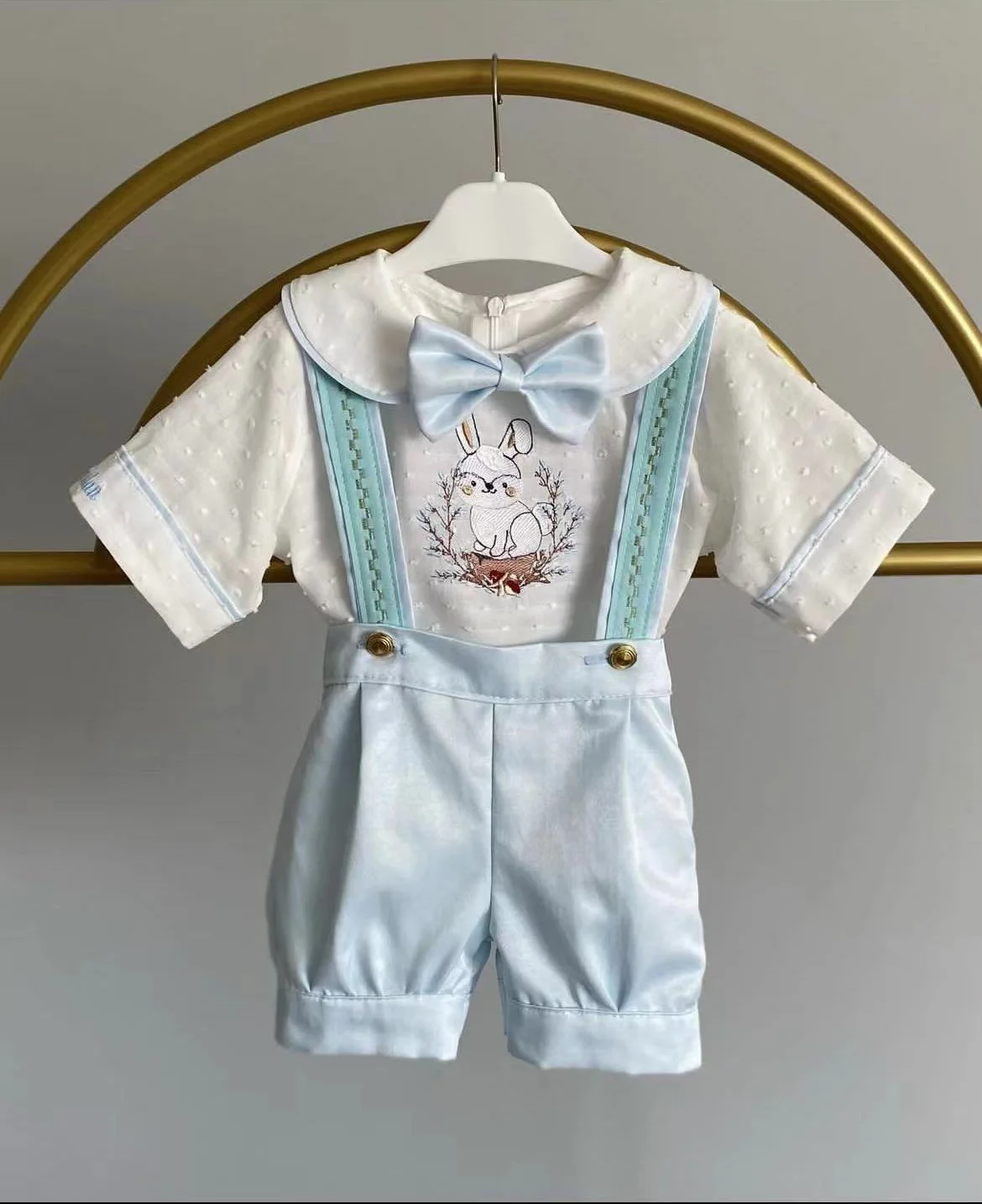 

0-12Y Baby Boy Summer Rabbit Embroidery Blue Rompers White Shirt Set for Easter Eid Birthday