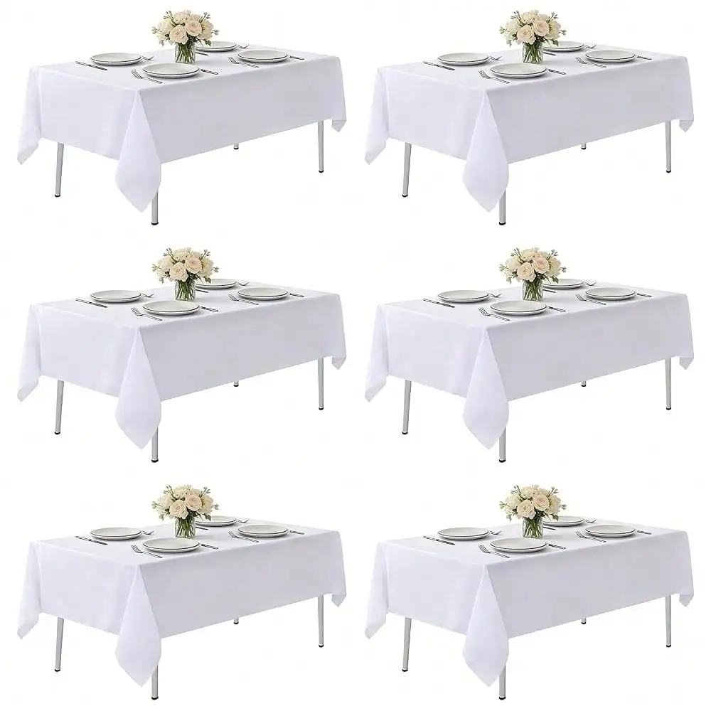 6/10/12 Pack White Polyester Tablecloth, 60x102 Inch for 6ft Rectangular Tables, Wrinkle & Stain Resistant Washable Table Cover, Ideal for Dining, Wedding, Buffet, Camping and Party Events